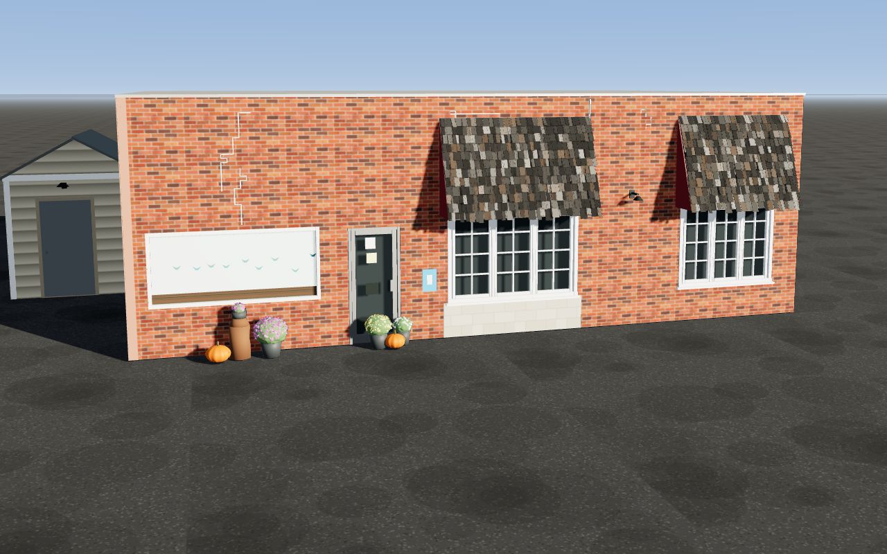 The existing On A Limb Bakery building in 3D: red brick front with wood-shake awnings