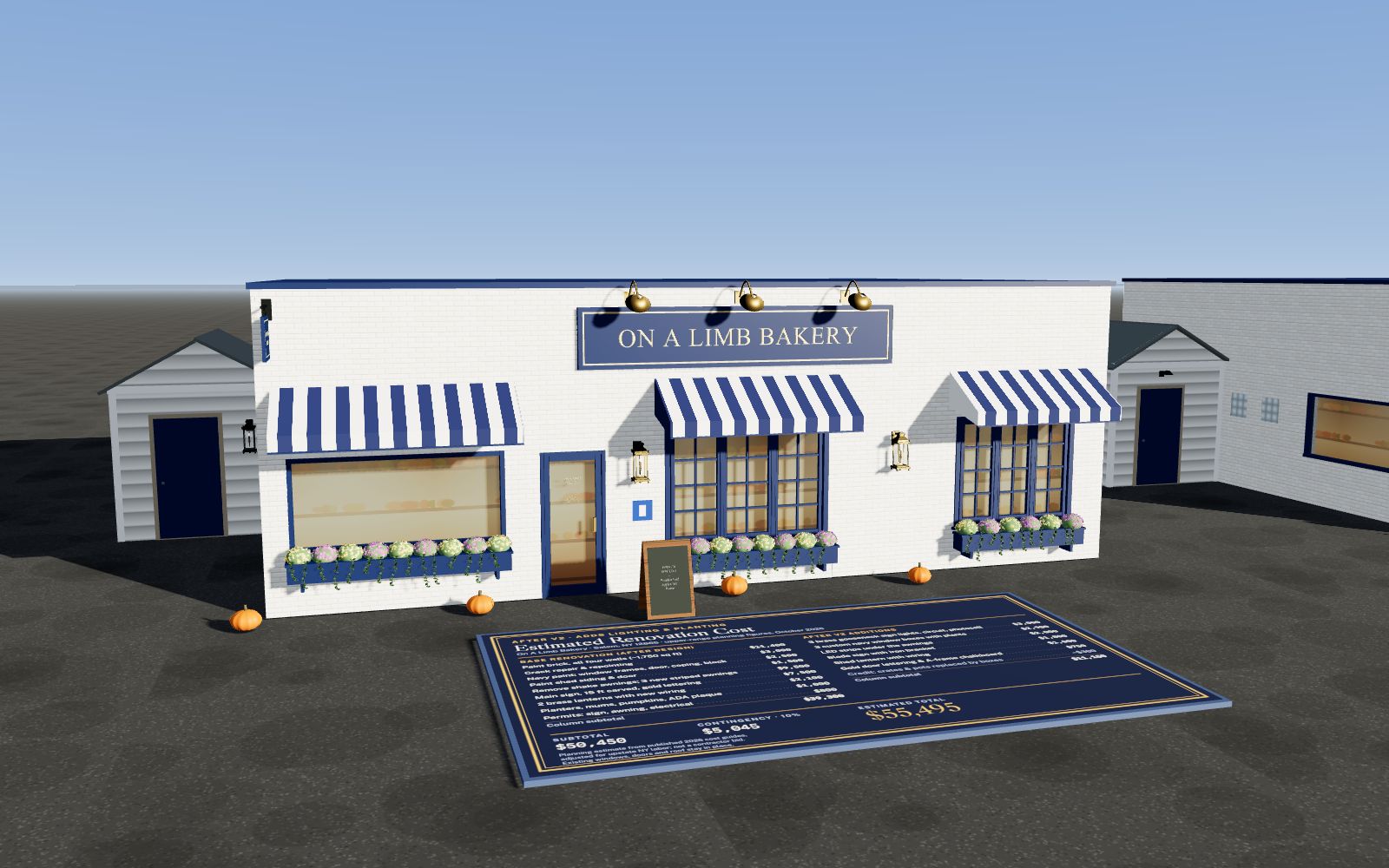 The After v2 design of the On A Limb Bakery storefront in 3D, with its cost board in front