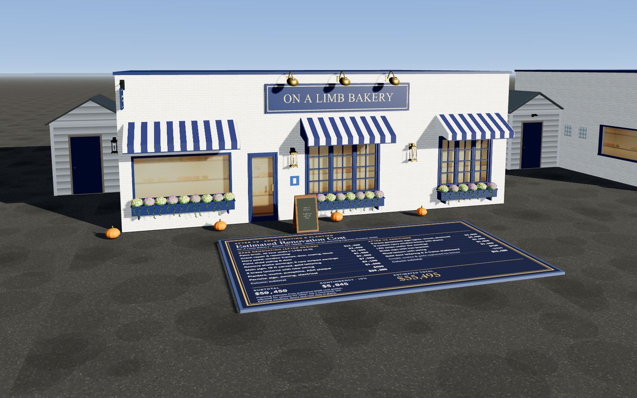 The After v2 design: the After v1 storefront with sign lights, window boxes and a blade sign